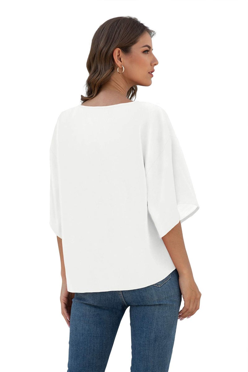 VIISHOW Womens Tie Front Loose Short Sleeve V Neck Floral Blouses Chiffon Tops Summer Shirts, White, Medium - Image 3